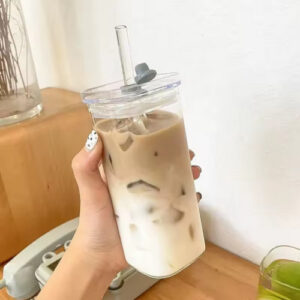 Square Heat Resistant Coffee Glass Cup with Lid & Straw - Transparent Drinkware for Milk Tea, Juice, and Coffee - 1 Piece