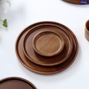 Rustic Round Acacia Wood Serving Tray - Versatile Cake, Dessert & Food Tray for Farmhouse Decor & Jewelry Storage
