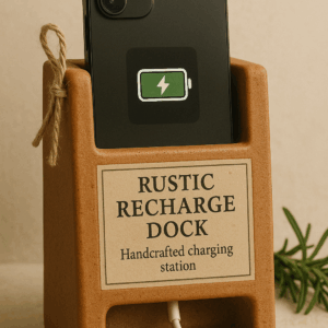 Rustic Recharge Dock made of natural wood with multiple slots for organizing and charging electronic devices, placed against a neutral background.