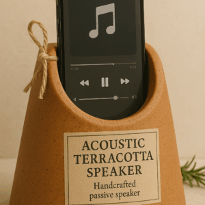 Acoustic Terracotta Speaker with a natural reddish-brown finish, showcasing a cylindrical shape and textured surface, placed against a neutral background.