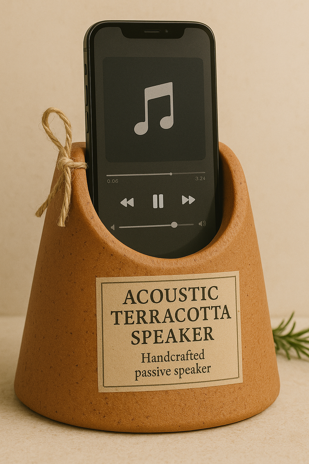 Acoustic Terracotta Speaker with a natural reddish-brown finish, showcasing a cylindrical shape and textured surface, placed against a neutral background.