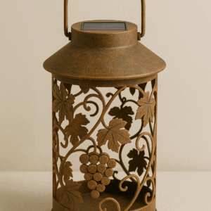 Solar Vineyard Lantern with a clear glass body and a metal frame, featuring a solar panel on top