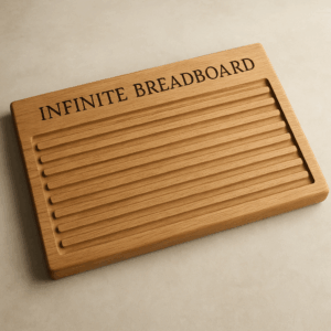 Clear photo of the Infinite Breadboard, a large modular electronic prototyping board with interconnected sections against a neutral background.