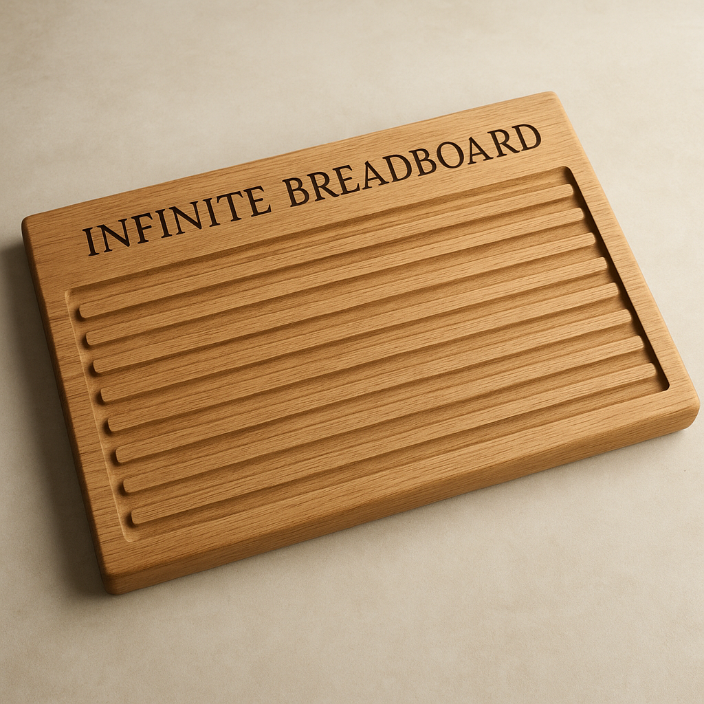 Clear photo of the Infinite Breadboard, a large modular electronic prototyping board with interconnected sections against a neutral background.