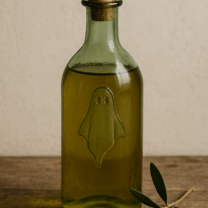 A clear bottle of Ghost Olive Oil with a minimalist label against a neutral background