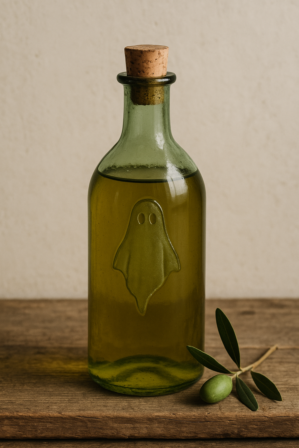 A clear bottle of Ghost Olive Oil with a minimalist label against a neutral background